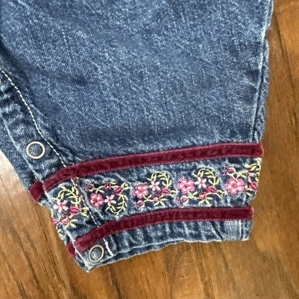 Vintage Y2K Gymboree Denim Overalls 3-6M Floral Embroidery Velvet Boho 2000 G